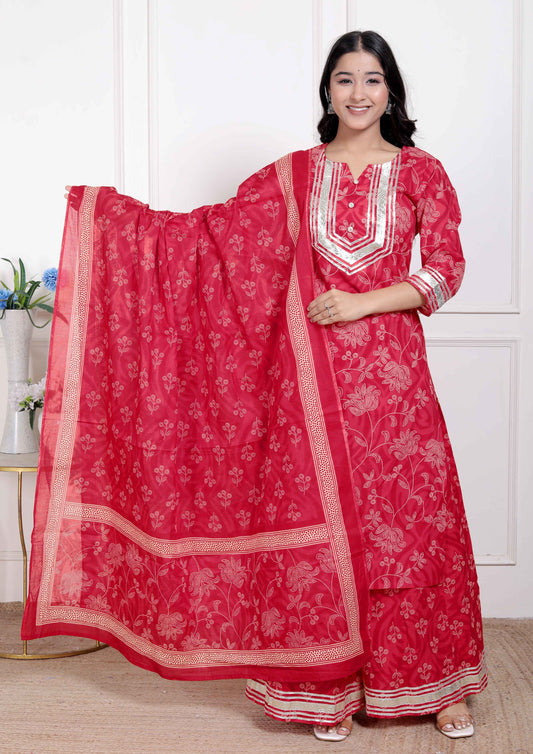 Miravan Red Floral Print Embroidered cotton  Straight Kurta with Palazzo & Dupatta