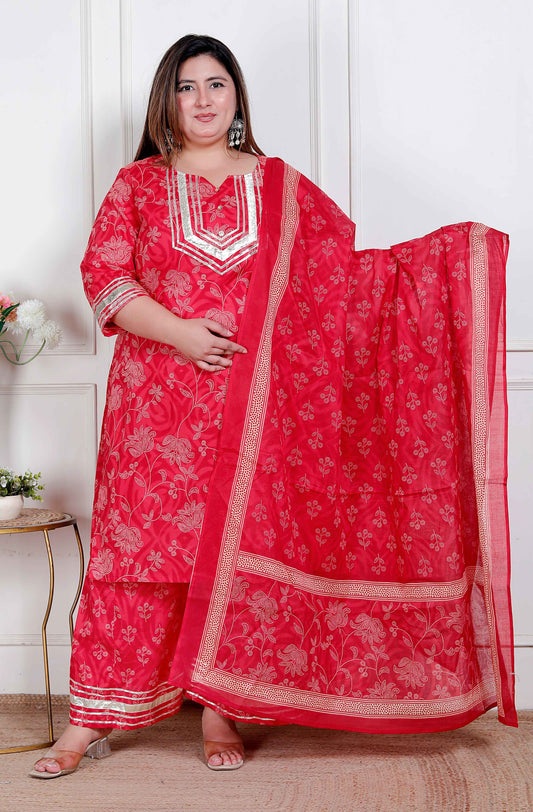 Miravan Plus Size Red Floral Print Embroidered cotton  Straight Kurta with Palazzo & Dupatta