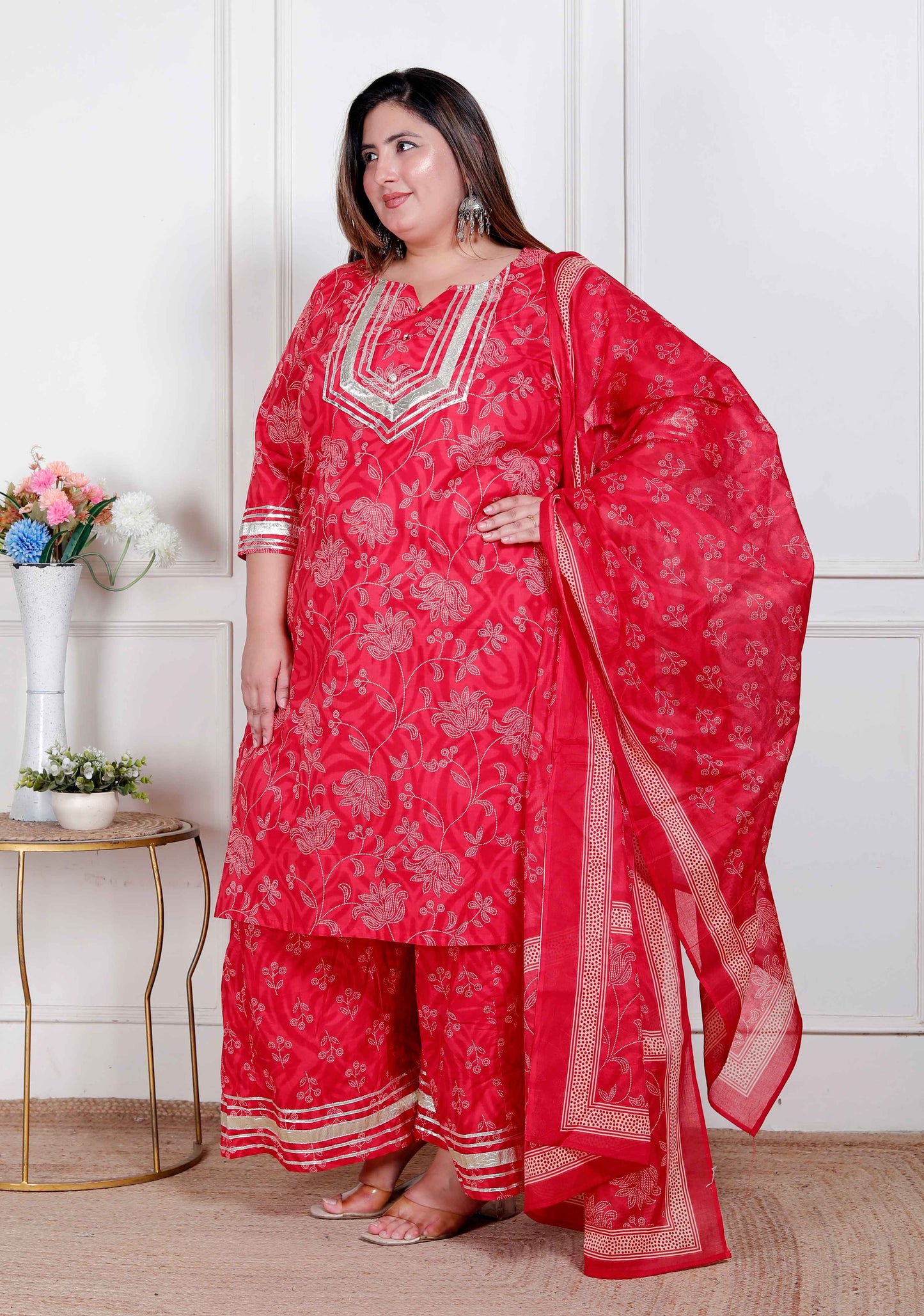 Miravan Plus Size Red Floral Print Embroidered cotton  Straight Kurta with Palazzo & Dupatta