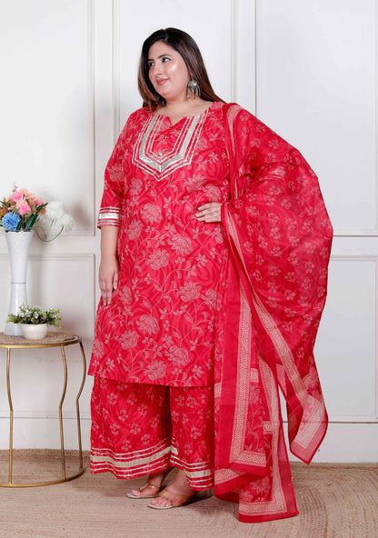 Miravan Plus Size Red Floral Print Embroidered cotton  Straight Kurta with Palazzo & Dupatta