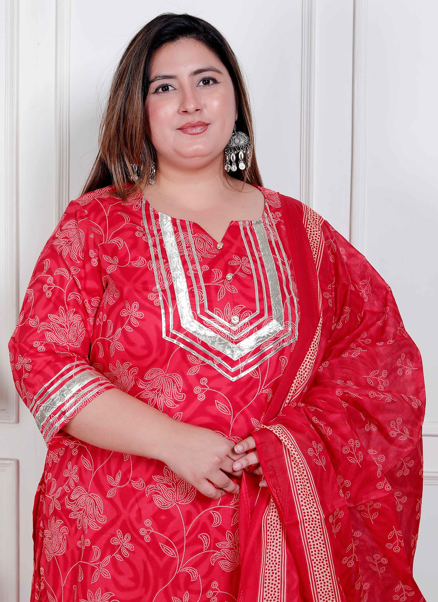 Miravan Plus Size Red Floral Print Embroidered cotton  Straight Kurta with Palazzo & Dupatta