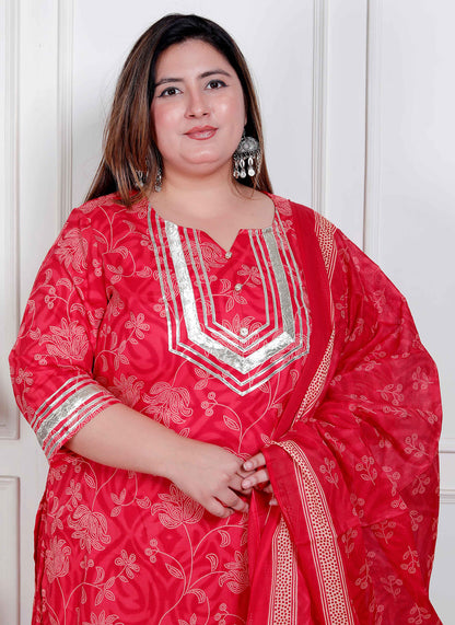 Miravan Plus Size Red Floral Print Embroidered cotton  Straight Kurta with Palazzo & Dupatta