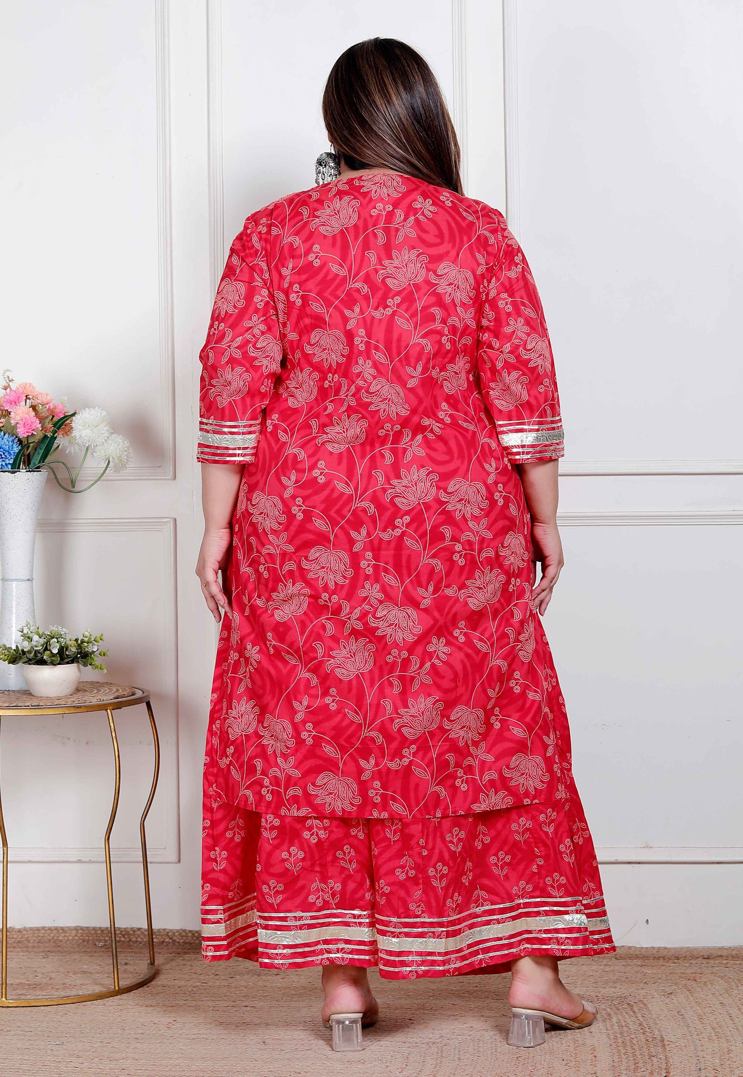 Miravan Plus Size Red Floral Print Embroidered cotton  Straight Kurta with Palazzo & Dupatta