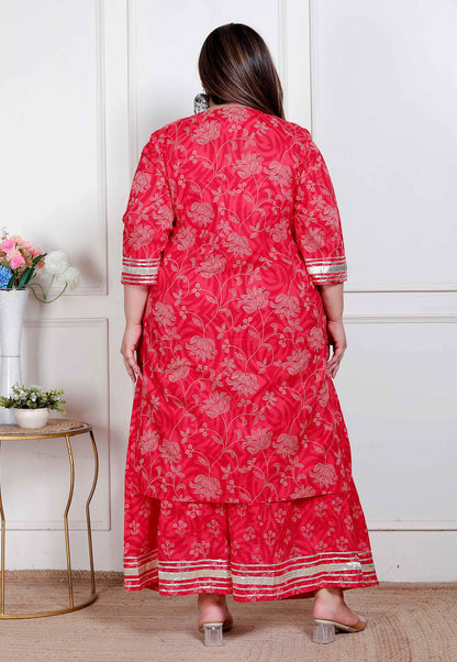 Miravan Plus Size Red Floral Print Embroidered cotton  Straight Kurta with Palazzo & Dupatta