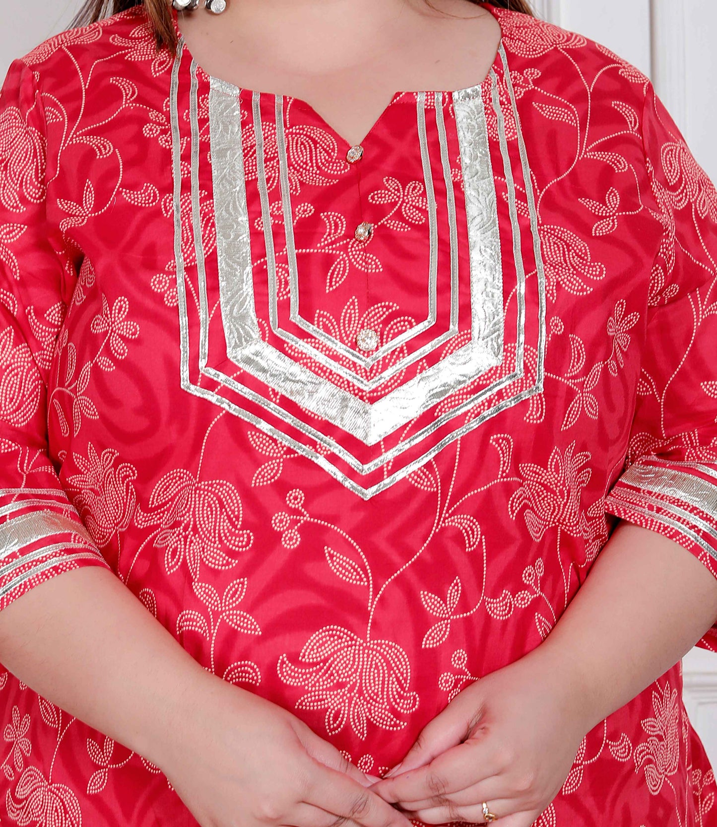 Miravan Plus Size Red Floral Print Embroidered cotton  Straight Kurta with Palazzo & Dupatta