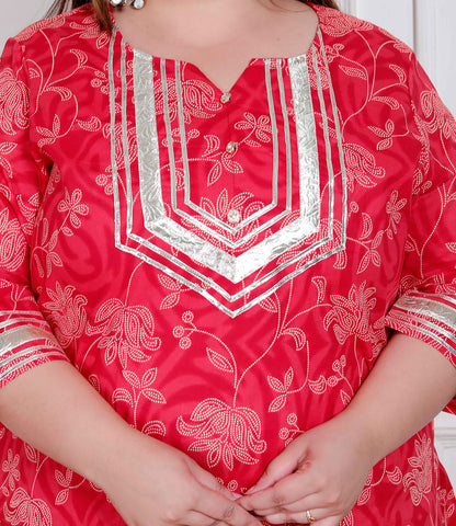 Miravan Plus Size Red Floral Print Embroidered cotton  Straight Kurta with Palazzo & Dupatta