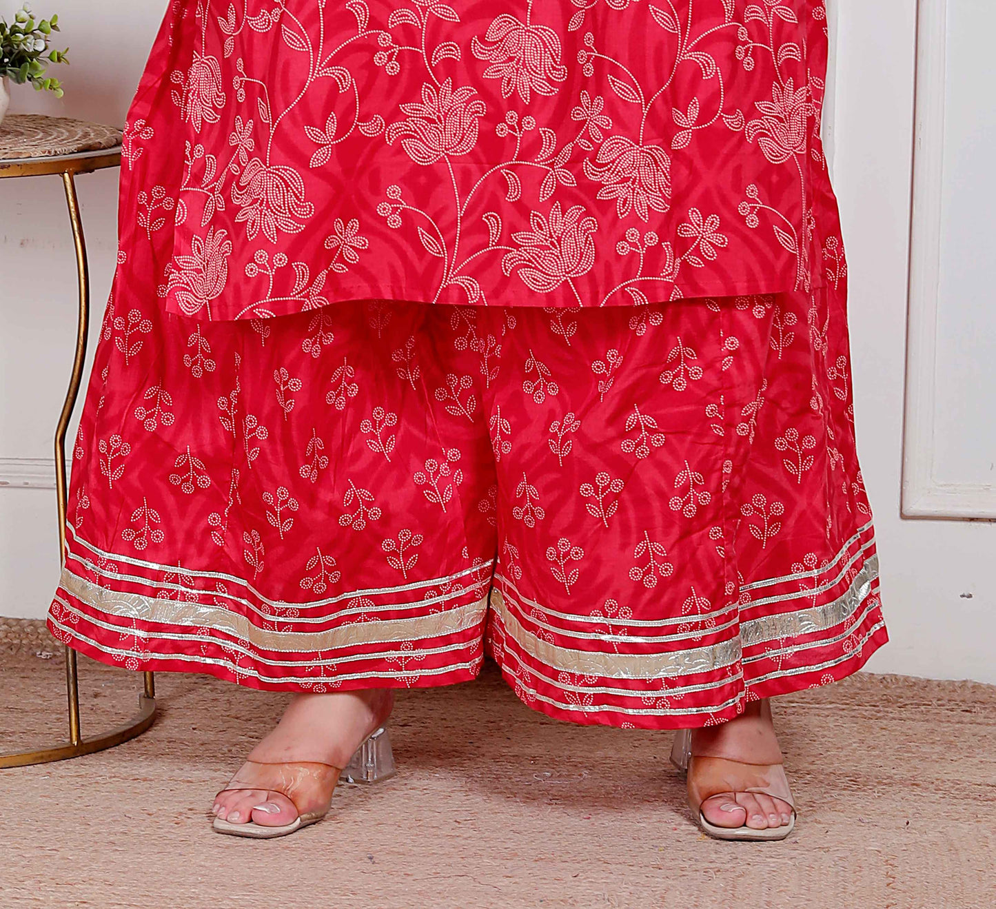 Miravan Plus Size Red Floral Print Embroidered cotton  Straight Kurta with Palazzo & Dupatta