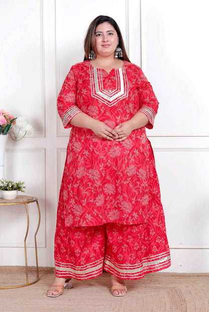 Miravan women's Plus Size Red cotton Gota Work Kurta with Palazzo