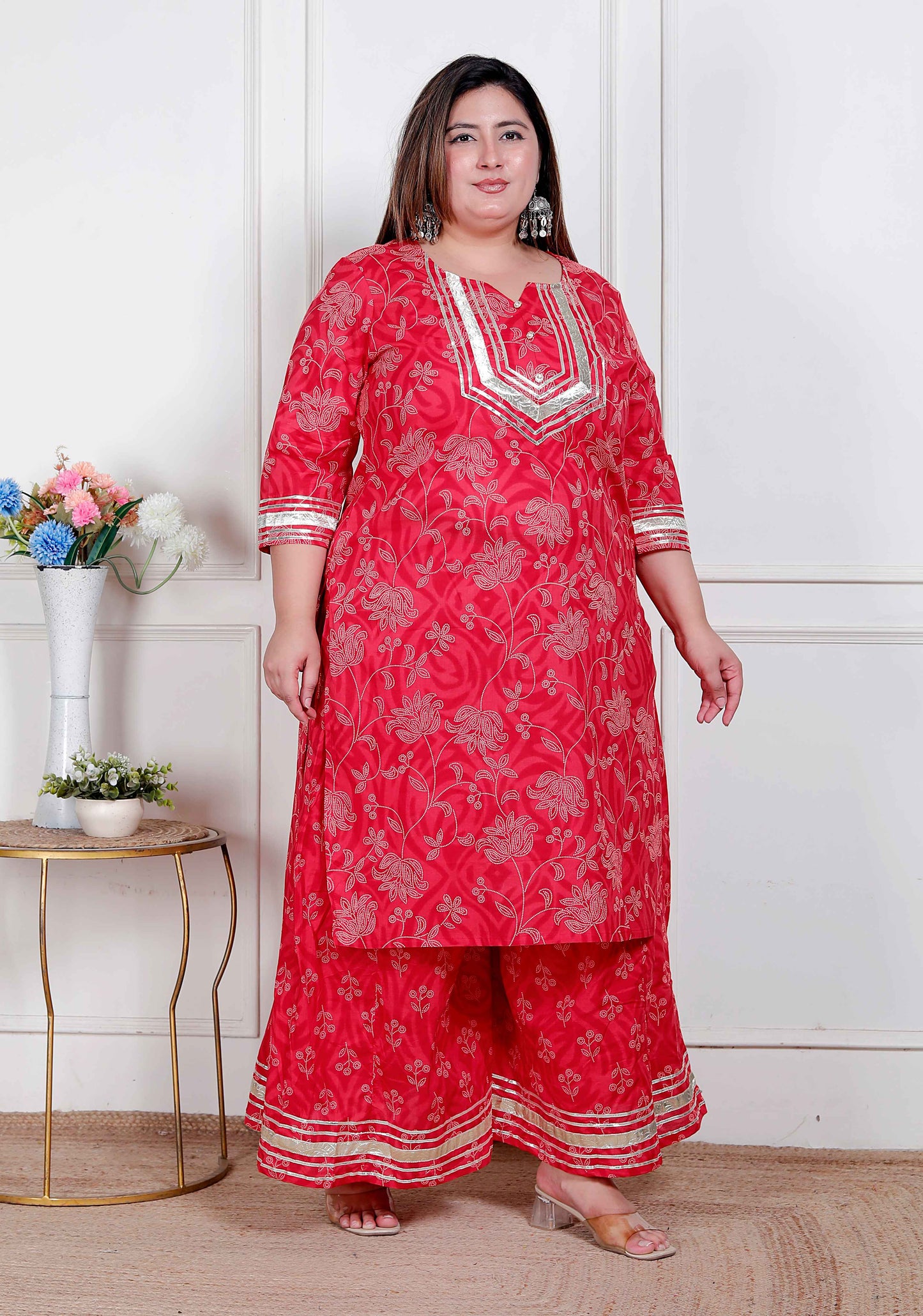 Miravan women's Plus Size Red cotton Gota Work Kurta with Palazzo