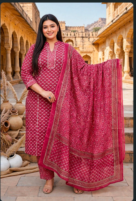 "Miravan Womens Plus Size Floral Printed Straight Pure Cotton Kurta & Palazzo with Dupatta Set "