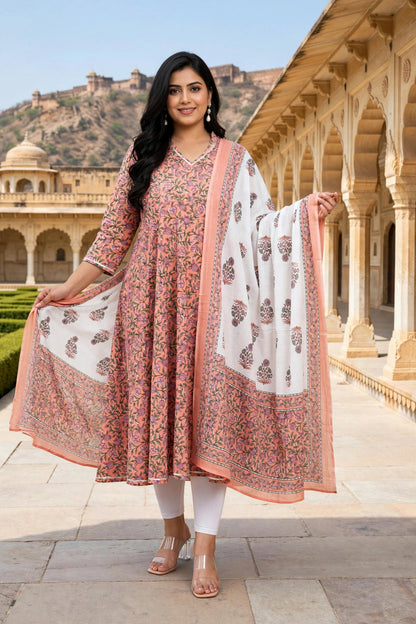 "Miravan Womens Plus Size Orange Floral Printed Festive Wear Anarkali Kurta & Dupatta Set "