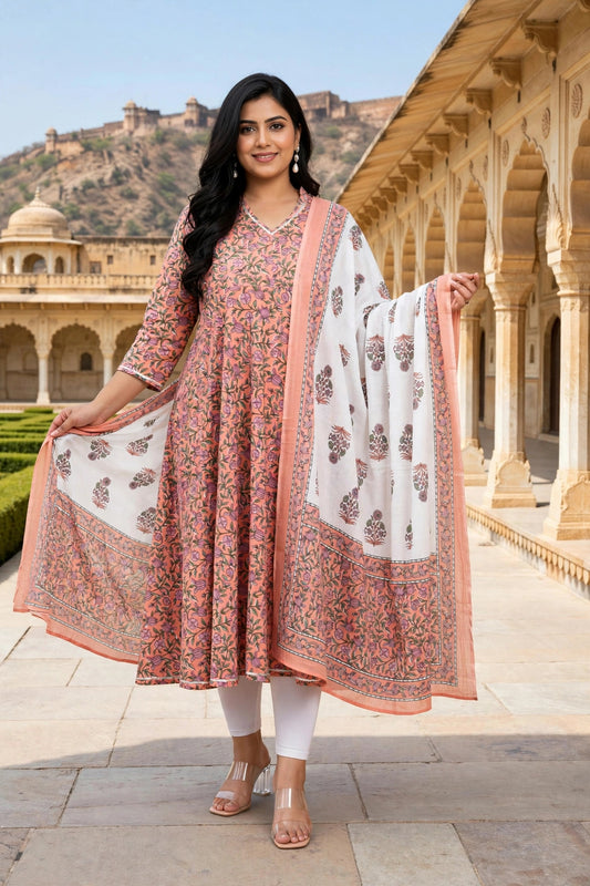 "Miravan Womens Plus Size Orange Floral Printed Festive Wear Anarkali Kurta & Dupatta Set "