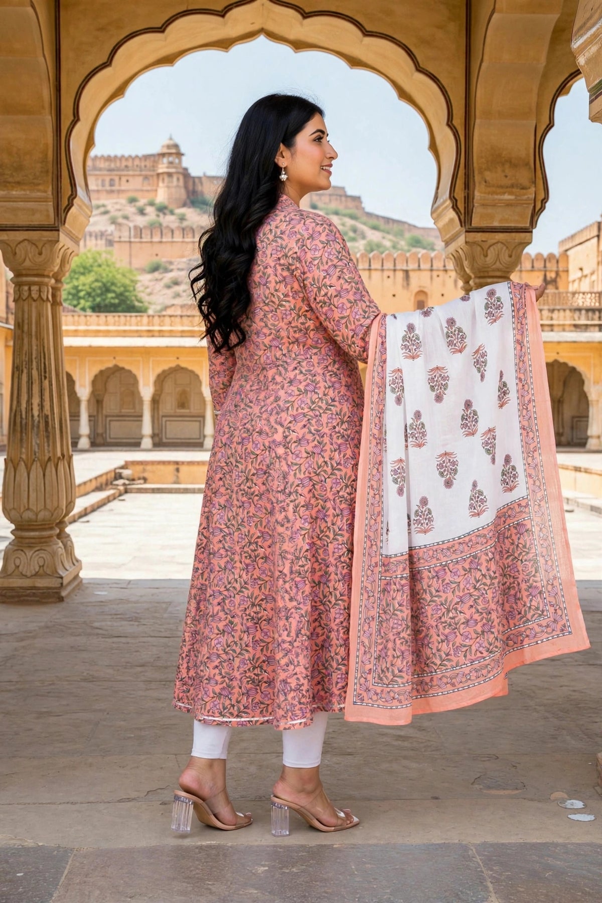 "Miravan Womens Plus Size Orange Floral Printed Festive Wear Anarkali Kurta & Dupatta Set "