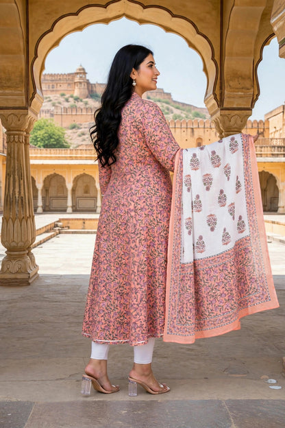 "Miravan Womens Plus Size Orange Floral Printed Festive Wear Anarkali Kurta & Dupatta Set "