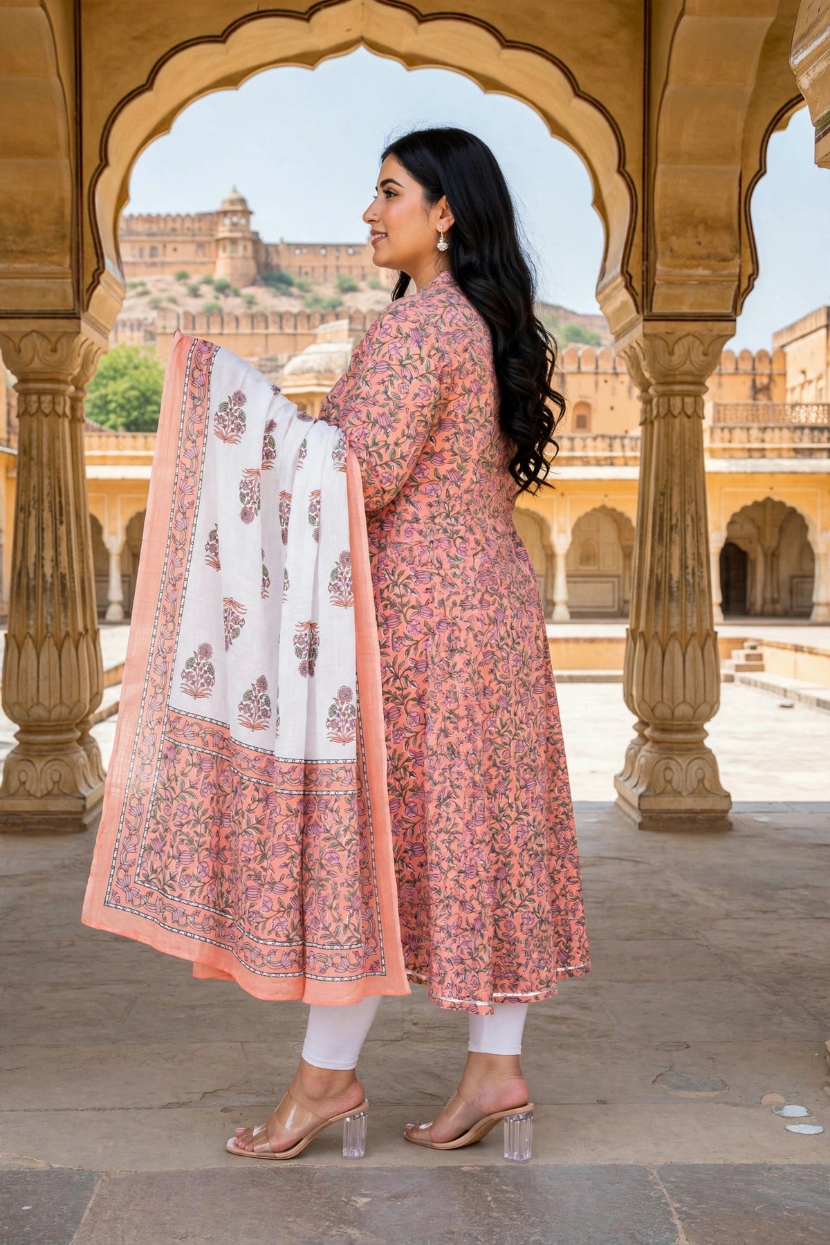"Miravan Womens Plus Size Orange Floral Printed Festive Wear Anarkali Kurta & Dupatta Set "