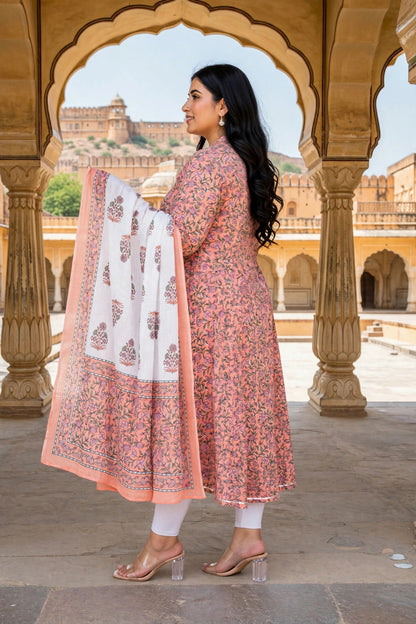 "Miravan Womens Plus Size Orange Floral Printed Festive Wear Anarkali Kurta & Dupatta Set "