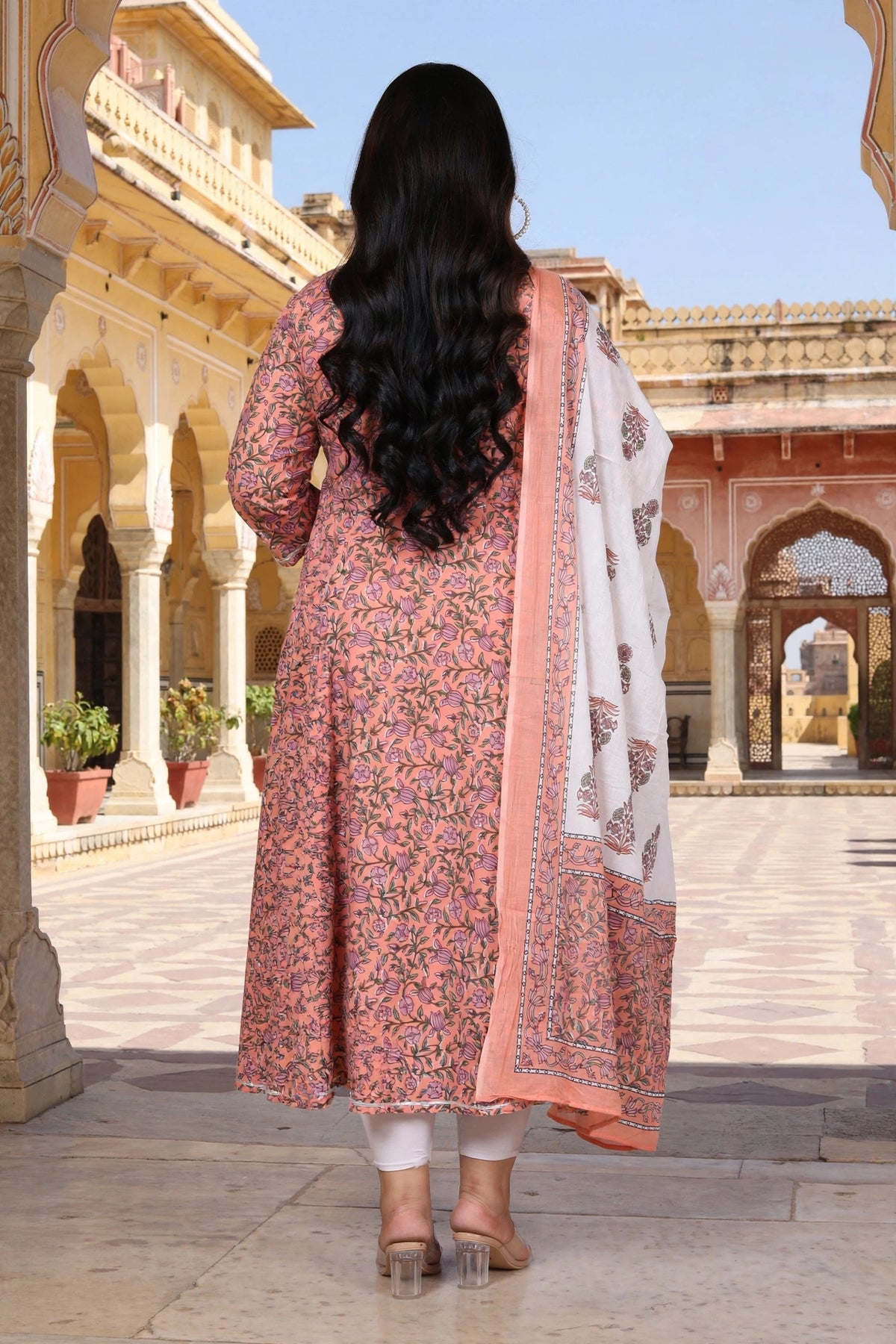 "Miravan Womens Plus Size Orange Floral Printed Festive Wear Anarkali Kurta & Dupatta Set "
