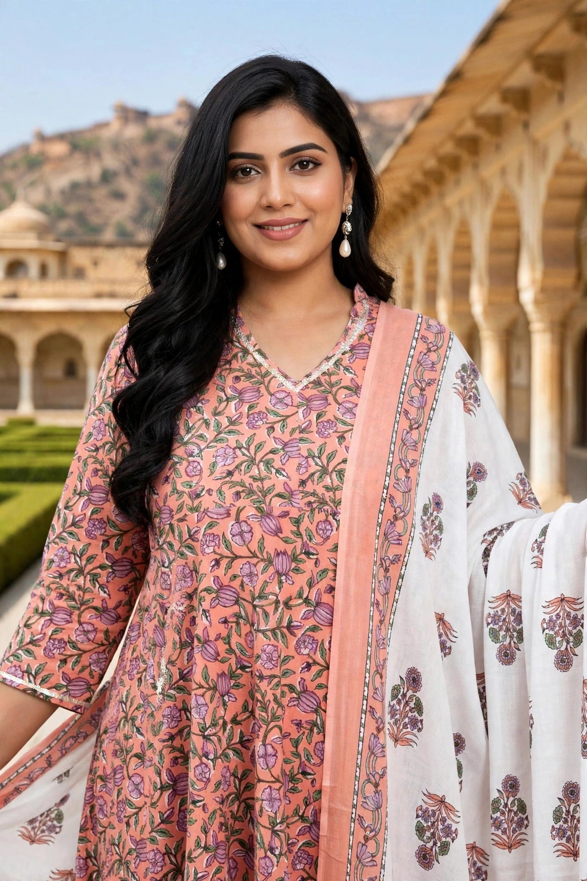 "Miravan Womens Plus Size Orange Floral Printed Festive Wear Anarkali Kurta & Dupatta Set "