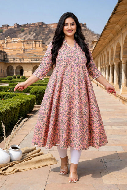 Miravan Womens Plus Size Orange Cotton Floral and Gota Patti Details Party Wear Anarkali Kurta