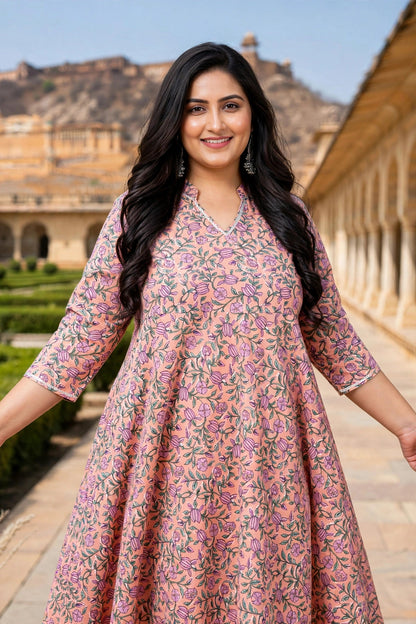 Miravan Womens Plus Size Orange Cotton Floral and Gota Patti Details Party Wear Anarkali Kurta
