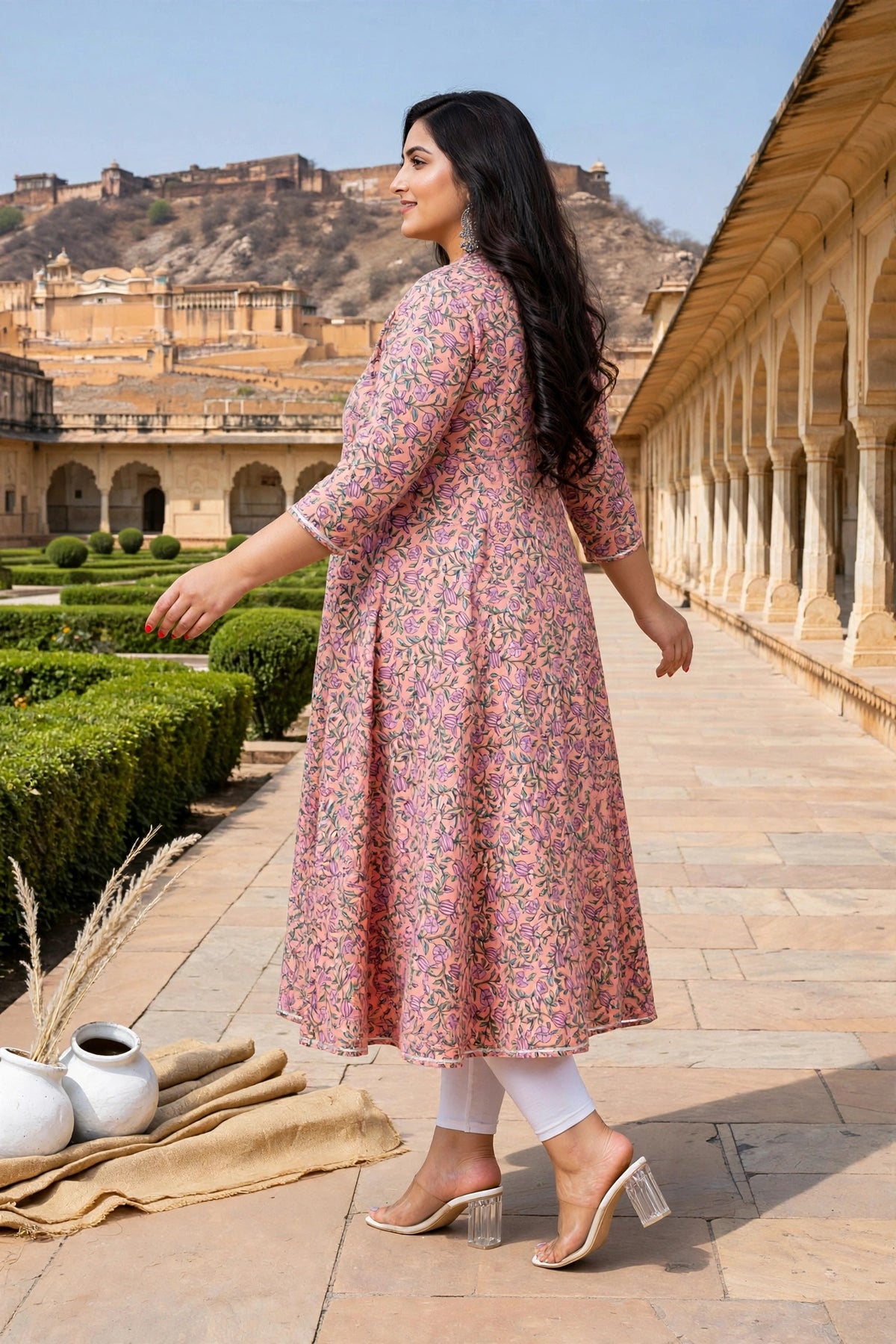 Miravan Womens Plus Size Orange Cotton Floral and Gota Patti Details Party Wear Anarkali Kurta