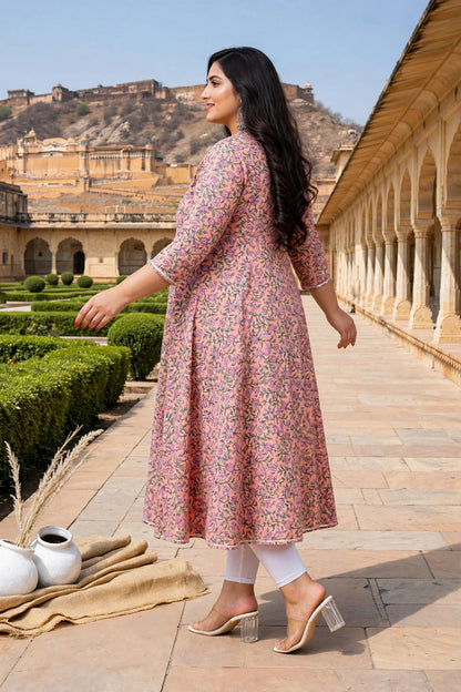 Miravan Womens Plus Size Orange Cotton Floral and Gota Patti Details Party Wear Anarkali Kurta