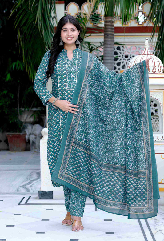 Women's Cotton Straight Style Blue Kurta With Palazzo And Dupatta - Miravan