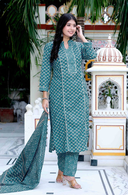 Women's Cotton Straight Style Blue Kurta With Palazzo And Dupatta - Miravan