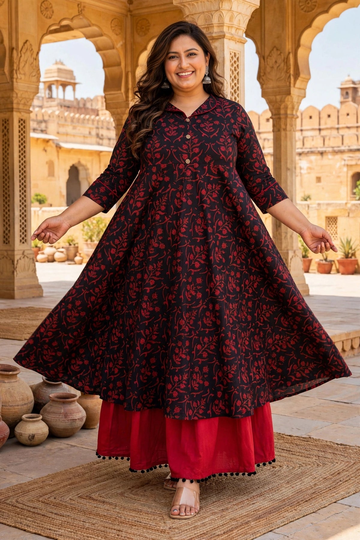 Miravan Womens Plus Size Maroon Floral Printed Party Wear Anarkali Kurta