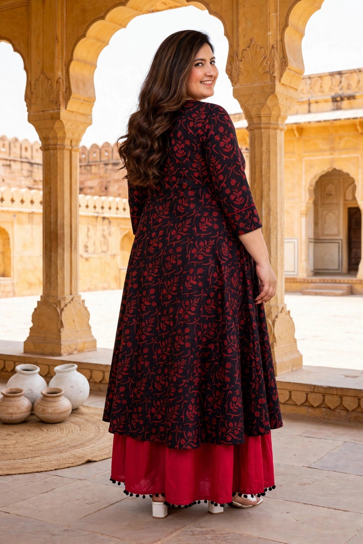 Miravan Womens Plus Size Maroon Floral Printed Party Wear Anarkali Kurta