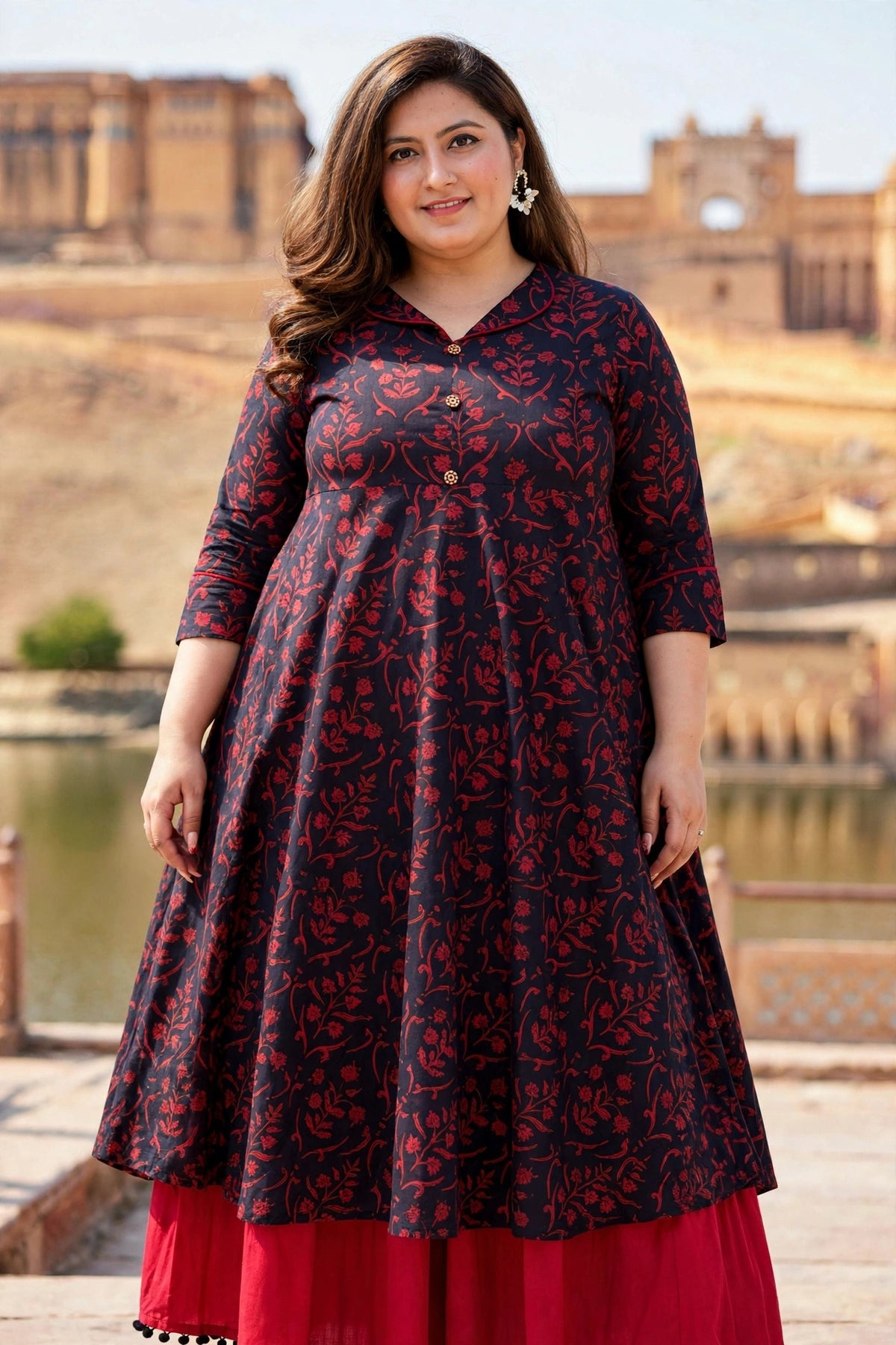 Miravan Womens Plus Size Maroon Floral Printed Party Wear Anarkali Kurta