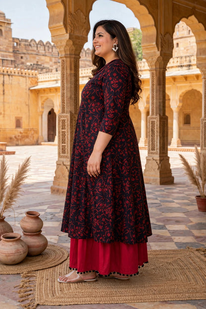Miravan Womens Plus Size Maroon Floral Printed Party Wear Anarkali Kurta