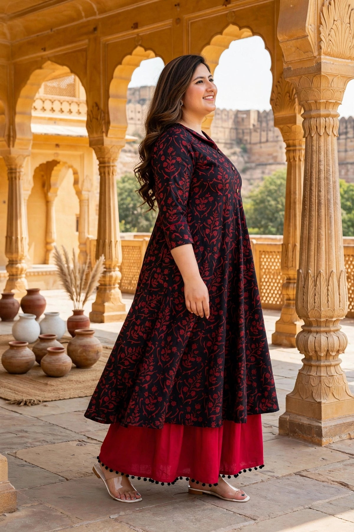 Miravan Womens Plus Size Maroon Floral Printed Party Wear Anarkali Kurta