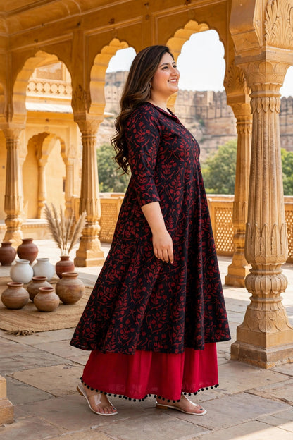 Miravan Womens Plus Size Maroon Floral Printed Party Wear Anarkali Kurta