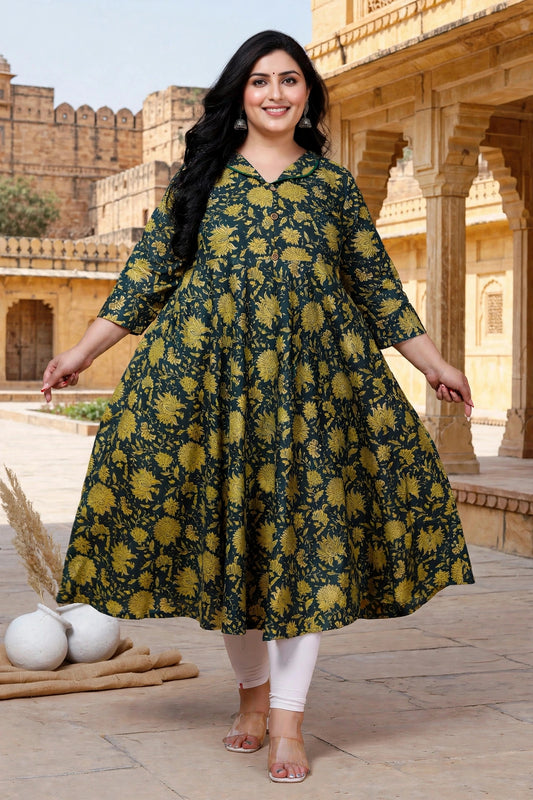Miravan Womens Plus Size Green Cotton Shirt Collar neck Floral Printed Anarkali Kurta