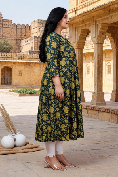 Miravan Womens Plus Size Green Cotton Shirt Collar neck Floral Printed Anarkali Kurta