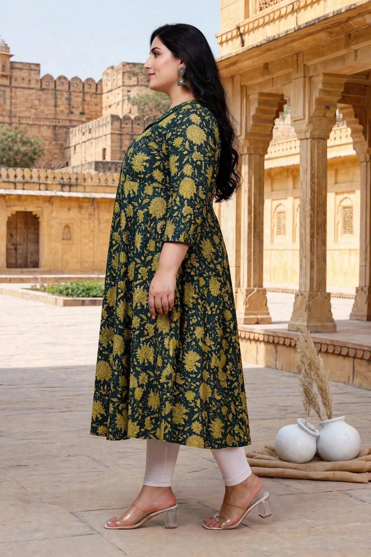 Miravan Womens Plus Size Green Cotton Shirt Collar neck Floral Printed Anarkali Kurta