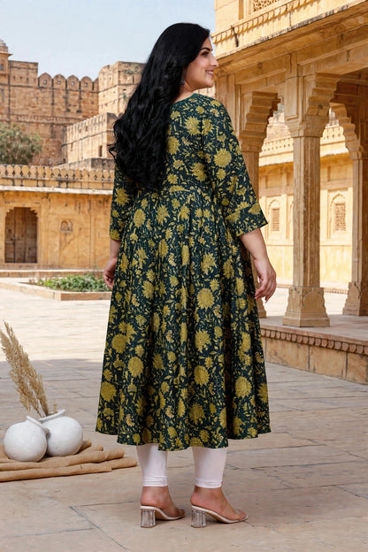 Miravan Womens Plus Size Green Cotton Shirt Collar neck Floral Printed Anarkali Kurta
