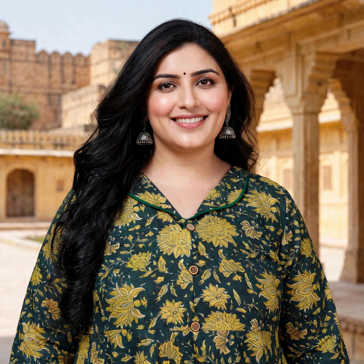 Miravan Womens Plus Size Green Cotton Shirt Collar neck Floral Printed Anarkali Kurta