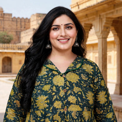 Miravan Womens Plus Size Green Cotton Shirt Collar neck Floral Printed Anarkali Kurta