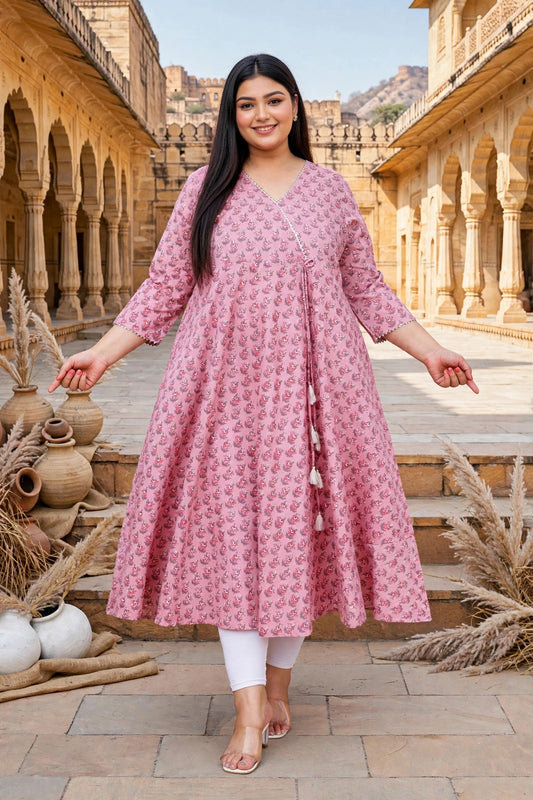 Miravan Womens Pink Plus Size Cotton Floral Printed Long Anarkali Kurta