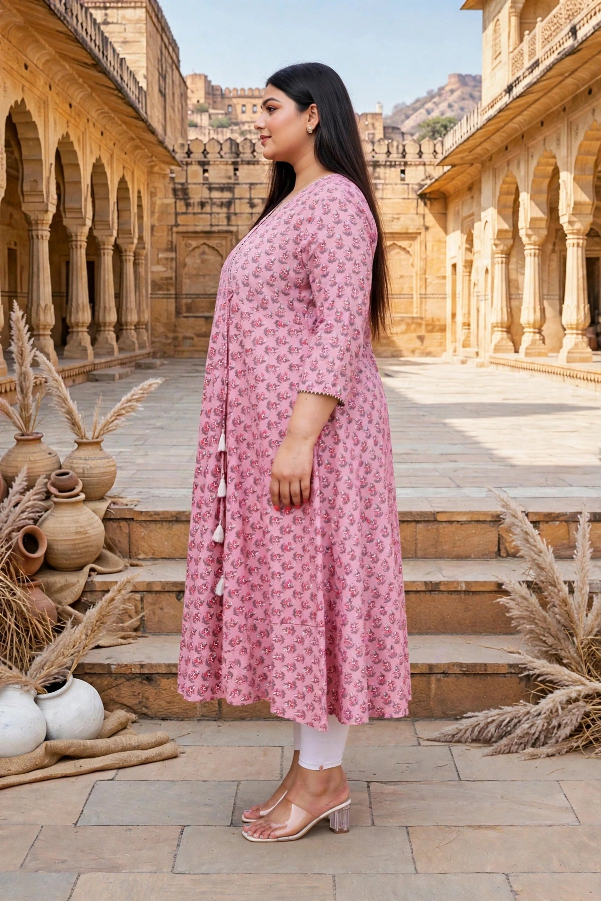 Miravan Womens Pink Plus Size Cotton Floral Printed Long Anarkali Kurta