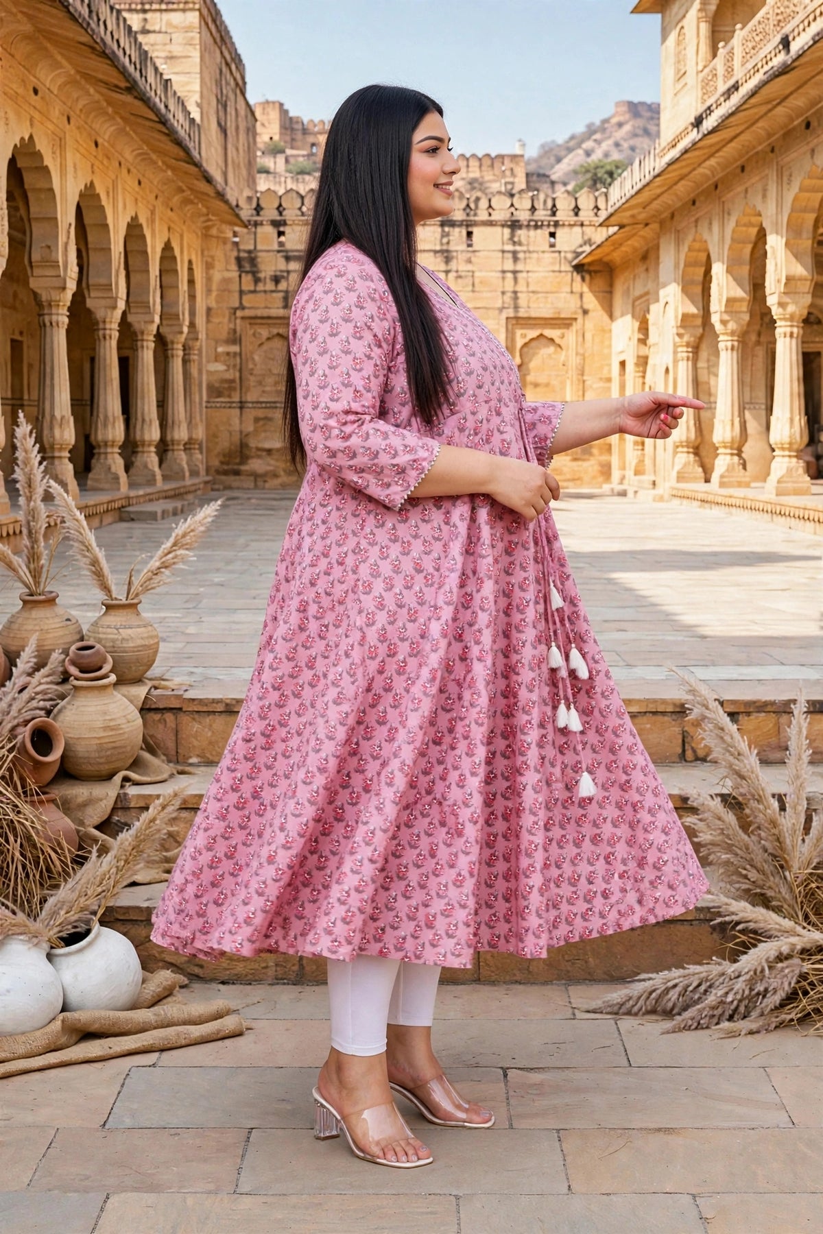 Miravan Womens Pink Plus Size Cotton Floral Printed Long Anarkali Kurta