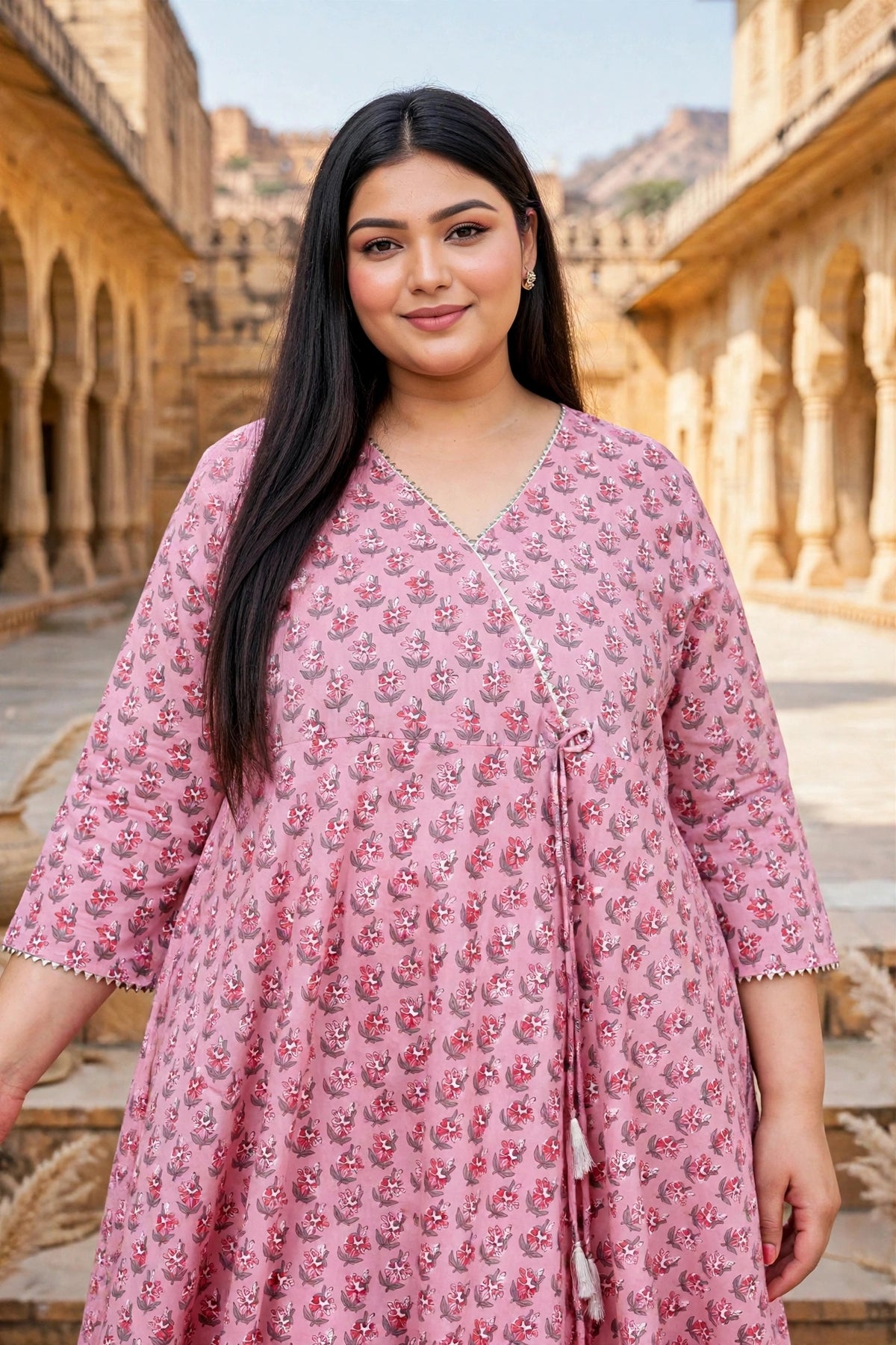 Miravan Womens Pink Plus Size Cotton Floral Printed Long Anarkali Kurta