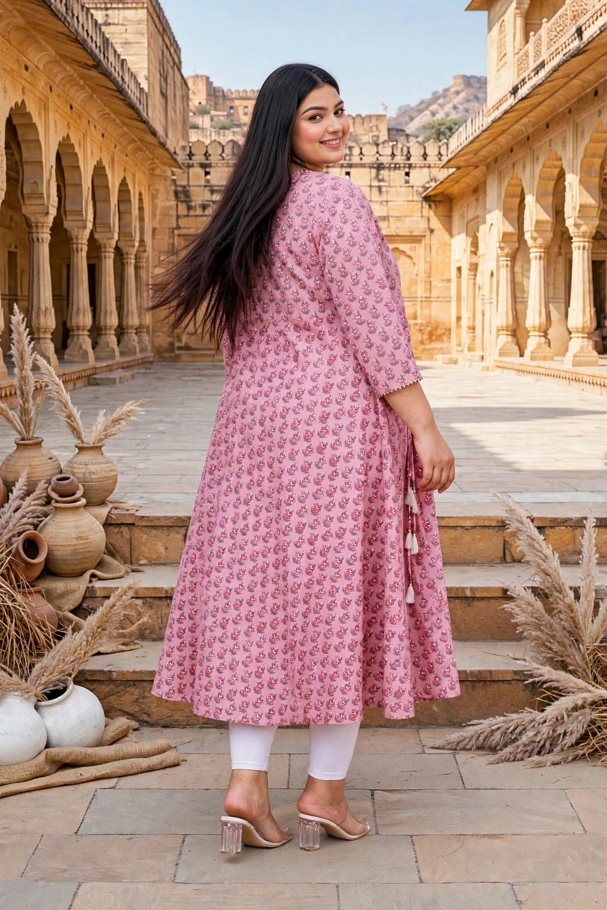 Miravan Womens Pink Plus Size Cotton Floral Printed Long Anarkali Kurta