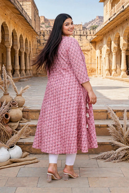 Miravan Womens Pink Plus Size Cotton Floral Printed Long Anarkali Kurta