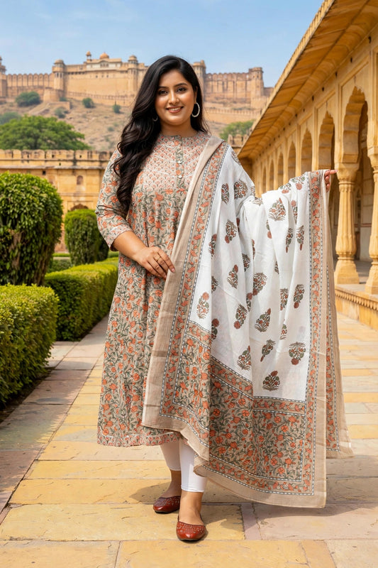 MIravan Womens Plus Size Brown Printed Traditional Wear Anarkali Kurta & Dupatta Set.