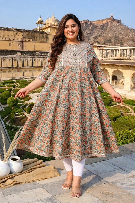 Miravan Womens Plus Size Brown Gota Lace Work Floral Printed Anarkali Kurta