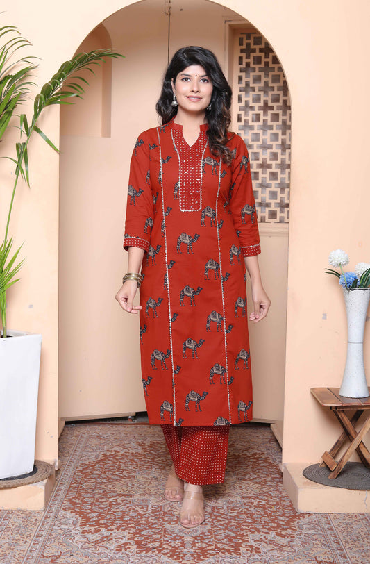 Miravan Womens Rust Animal Printed three quarter Sleeves  Pure Cotton Kurta with Palazzo