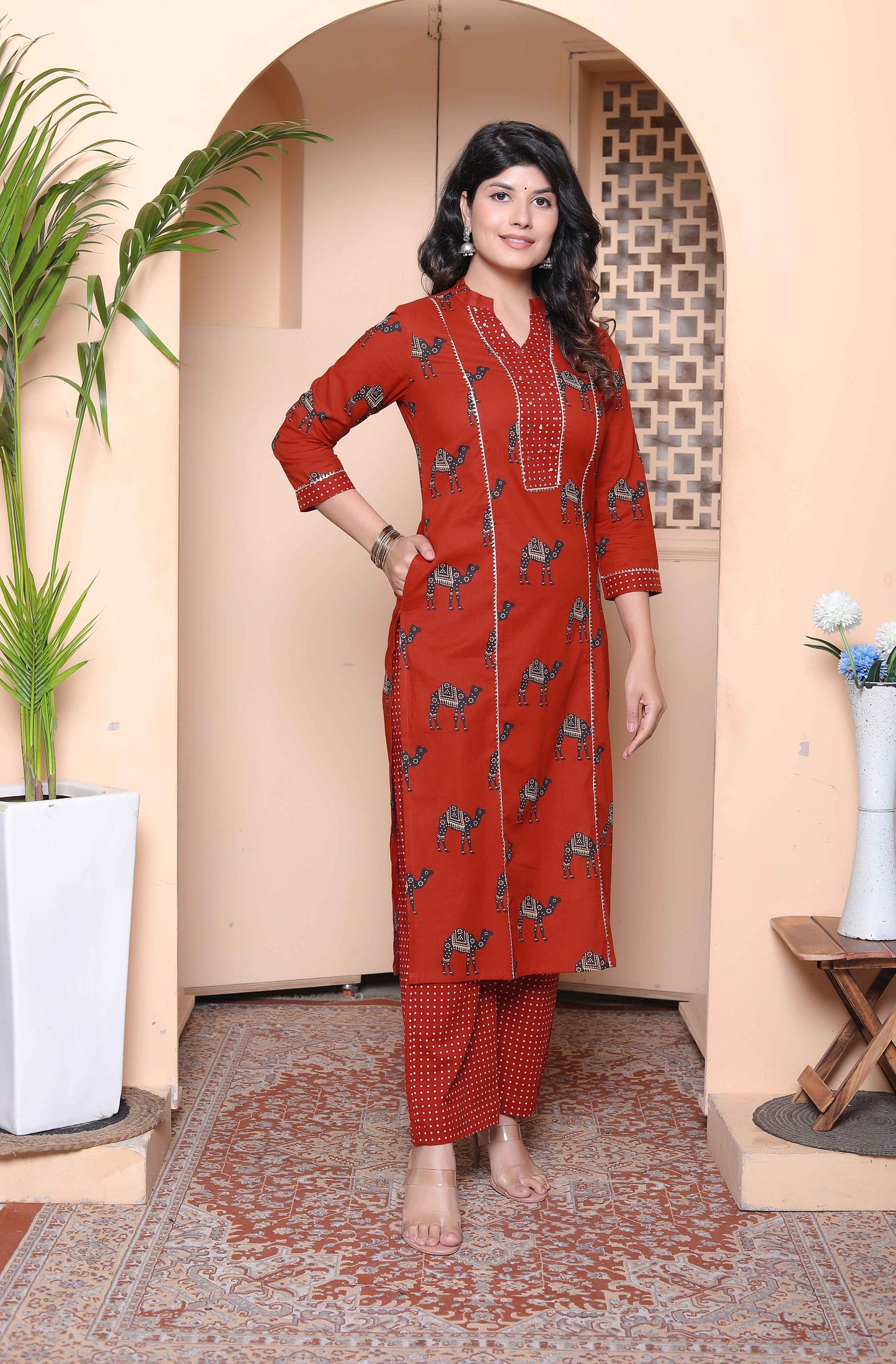 Miravan Womens Rust Animal Printed three quarter Sleeves  Pure Cotton Kurta with Palazzo